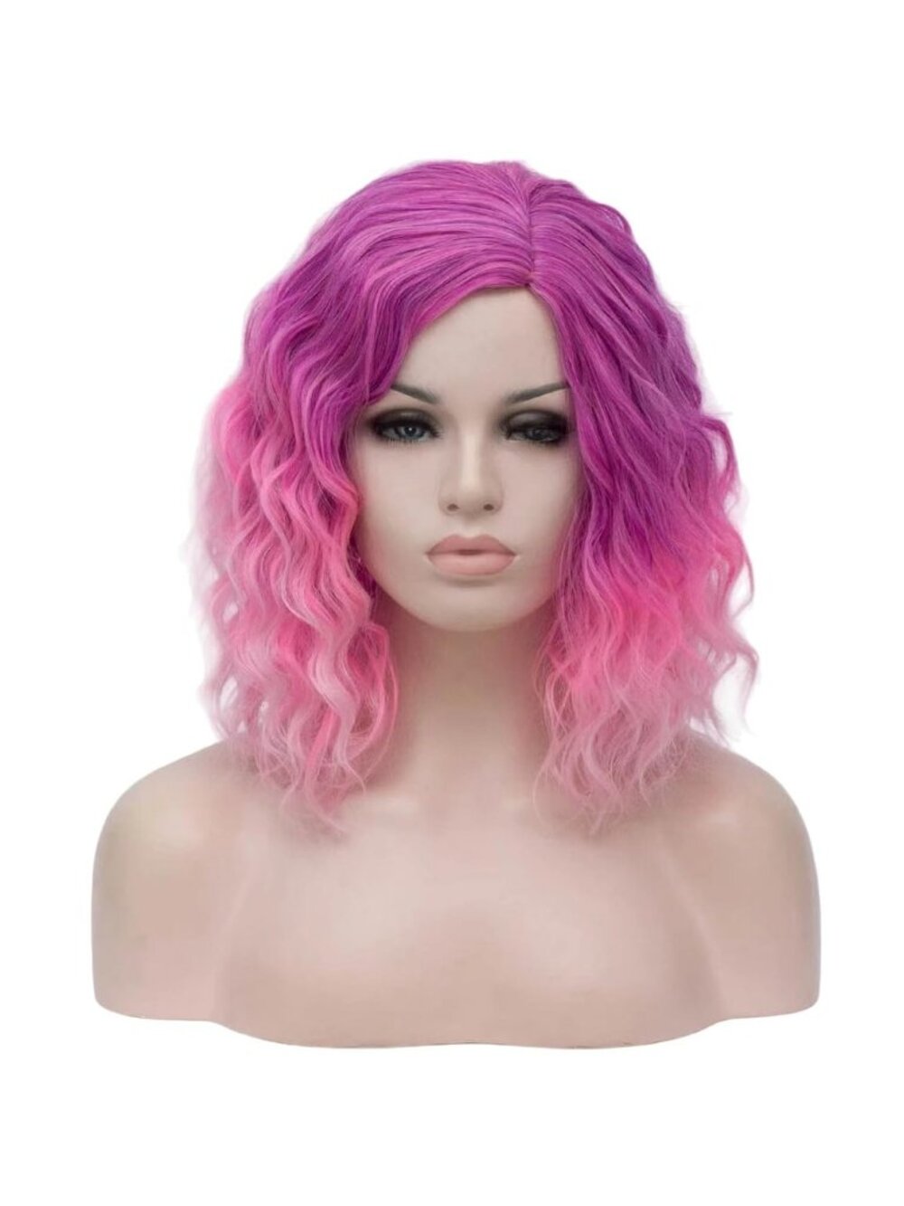 Women's Pink Ombre Wavy Curly Bob Heat Resistant Cosplay Halloween Party Wig